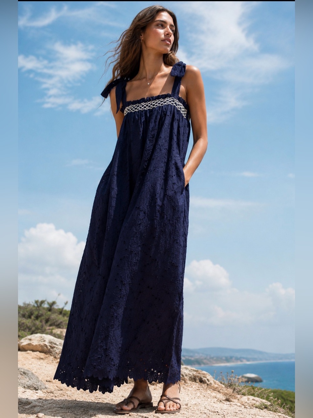NWT Innika Choo Eaton Burgers Smocked Eyelet Tube Maxi Dress Navy Blue, Sz Large